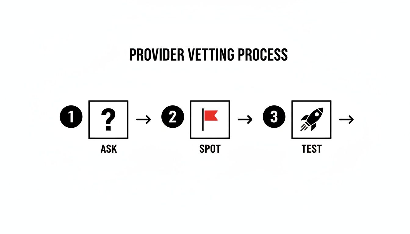 Infographic showing a three-step provider vetting process: Ask, Spot, and Test, with corresponding icons.
