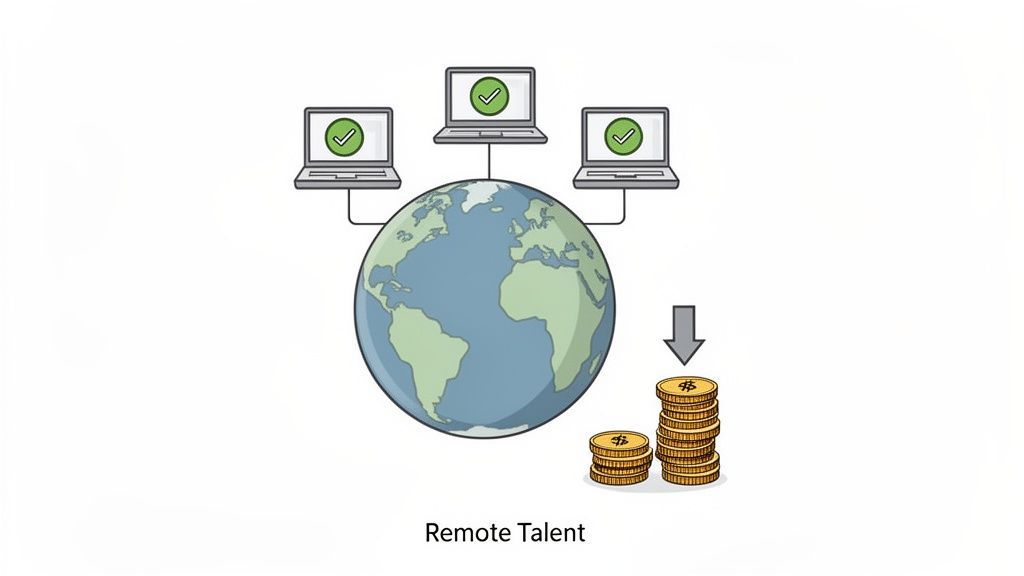 Illustration of global remote talent connecting via laptops, resulting in financial benefits represented by stacked coins.