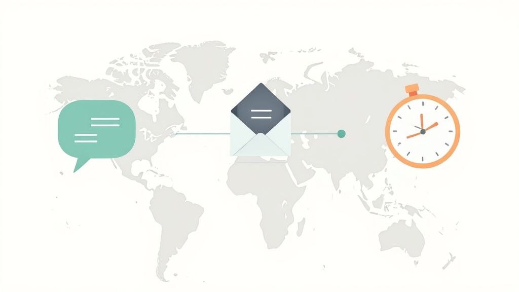 An illustration of global communication with a chat bubble, email, and stopwatch over a world map.