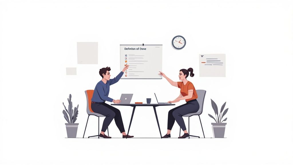 A person is sitting at a desk with a laptop and a notepad, creating a communication plan.