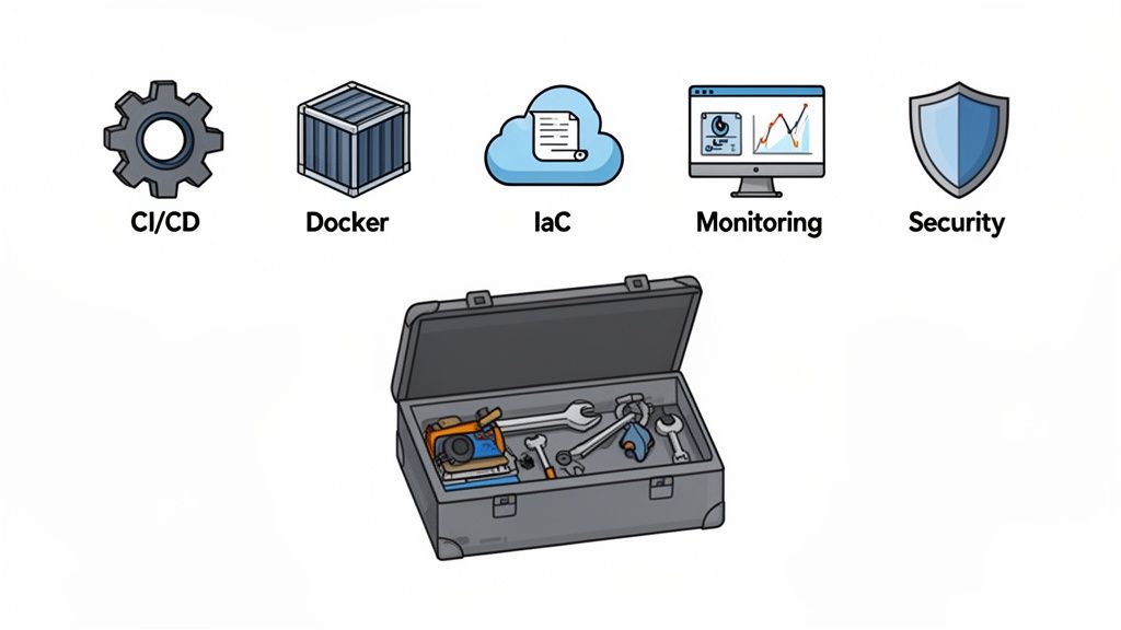 An open toolbox containing various tools is shown below icons representing CI/CD, Docker, IaC, Monitoring, and Security.