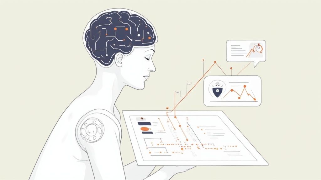 A stylized person with a circuit brain interacts with data on a transparent screen, representing AI and analytics.