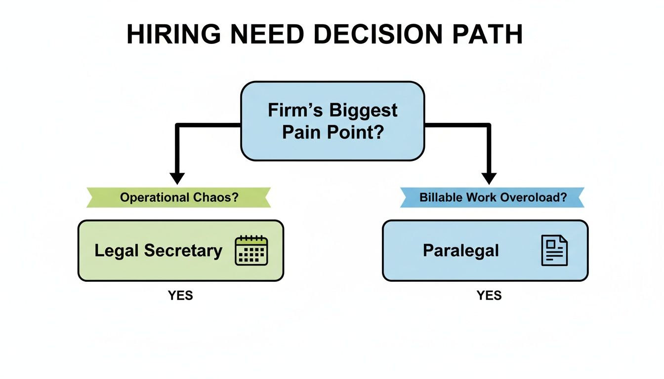 Flowchart illustrating a hiring decision path for legal firms based on operational chaos or billable work overload.