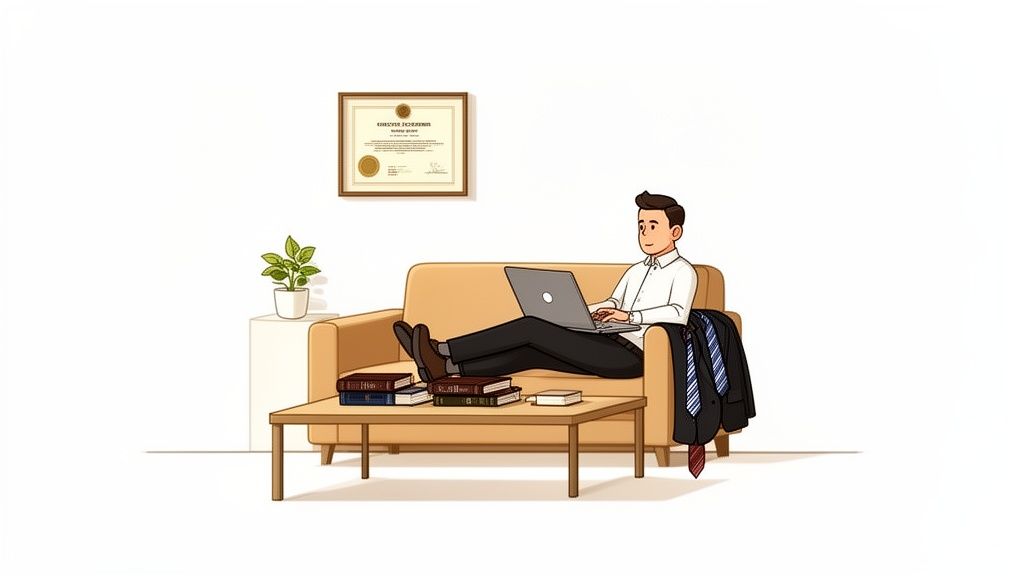 A man works on a laptop from a sofa, surrounded by books, a plant, and a suit.