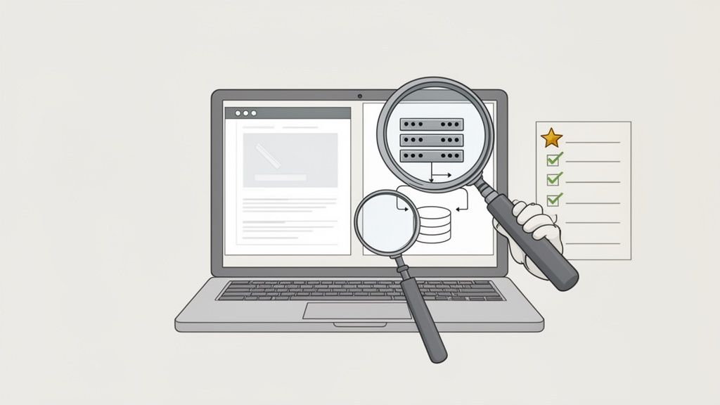 A laptop displays server and database diagrams, magnified by two lenses, with a task checklist nearby.