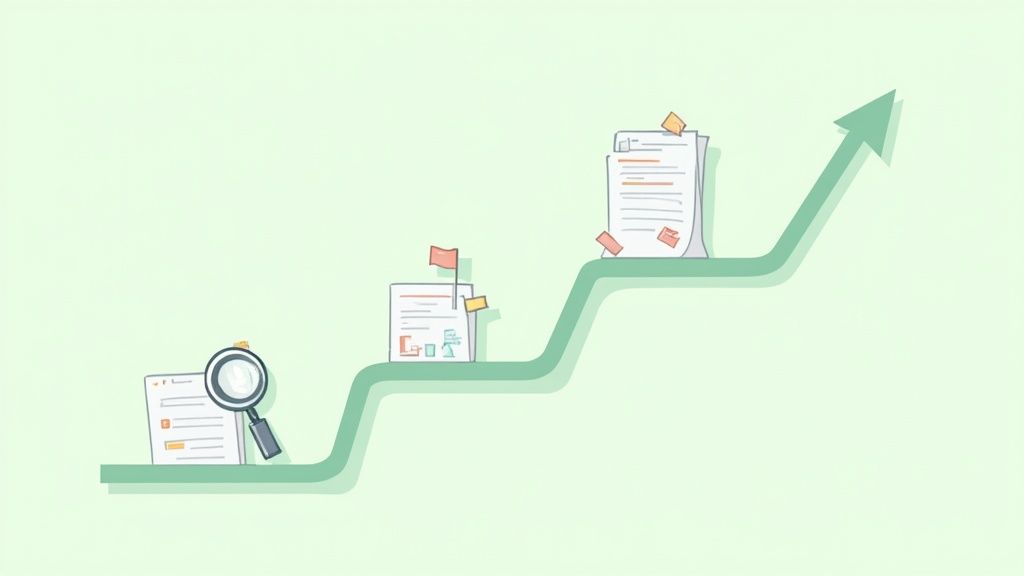 Illustration of a legal outsourcing service's journey showing document analysis, goal setting, and upward growth.