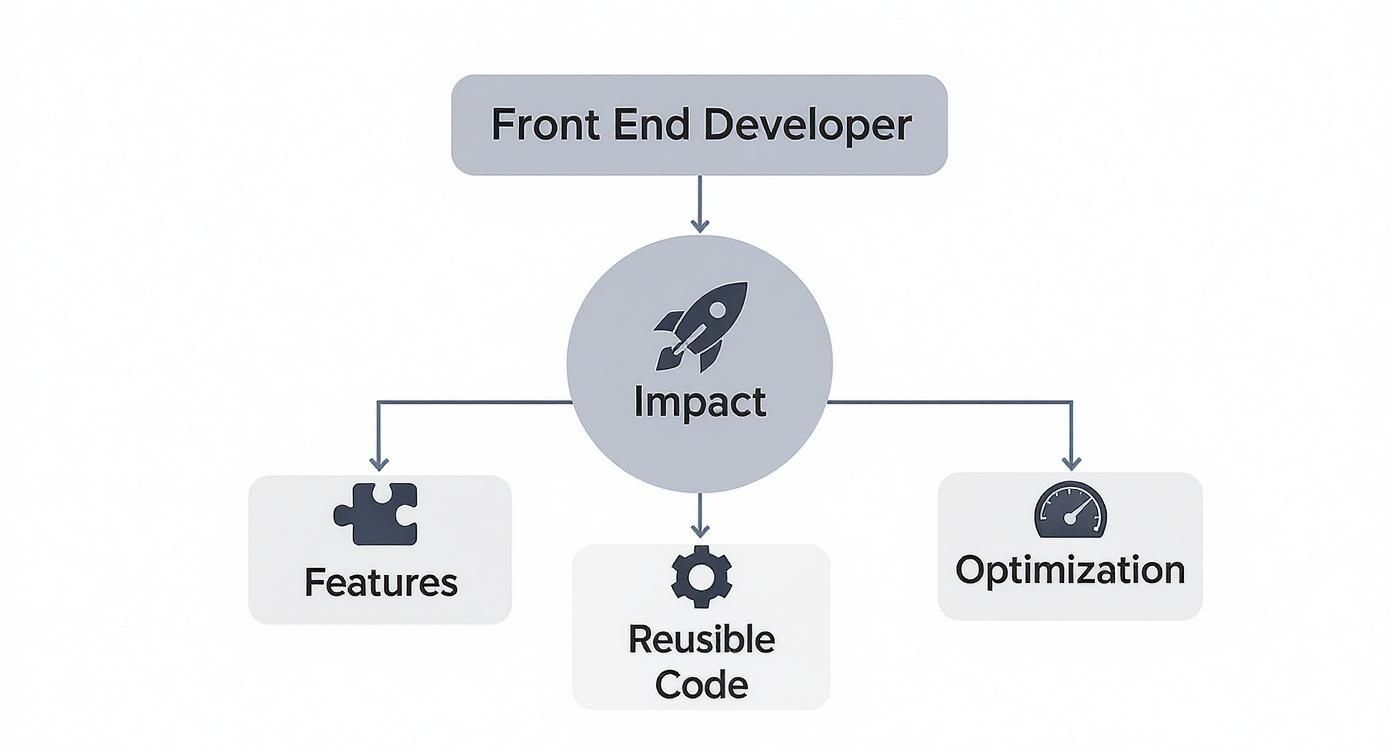 Front end developer job description diagram showing impact on features, reusable code, and optimization