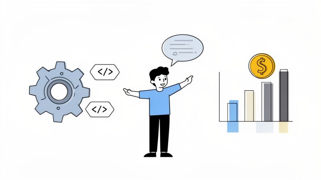 A cartoon man connects engineering processes and code with communication and financial growth represented by a chart and dollar coin.