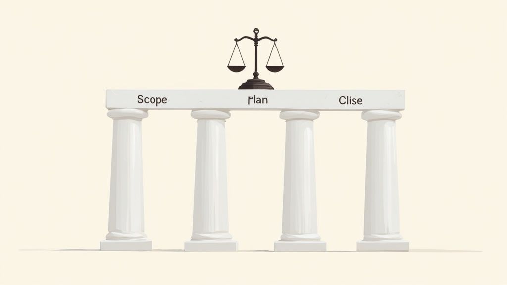 Four pillars standing strong, representing the framework of legal project management.