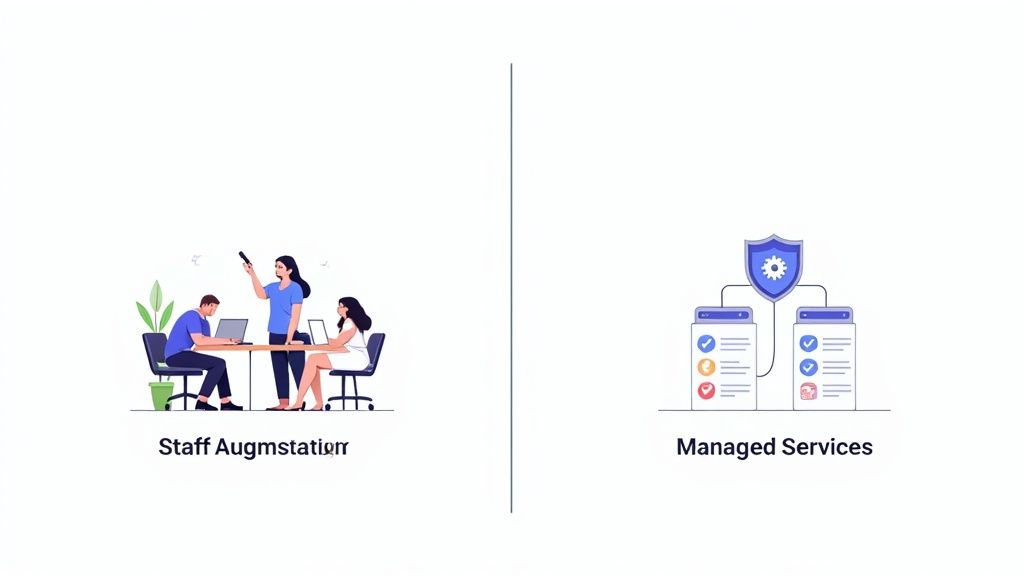 Illustration comparing staff augmentation with people working, and managed services with a shield and documents.
