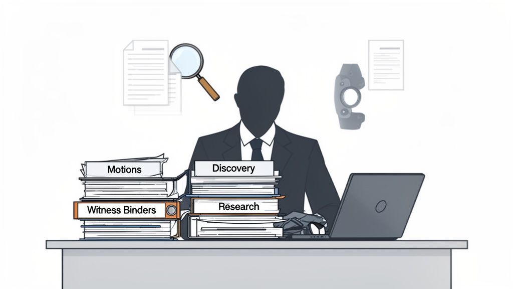 A paralegal working at a desk with stacks of legal documents, binders, and a laptop.