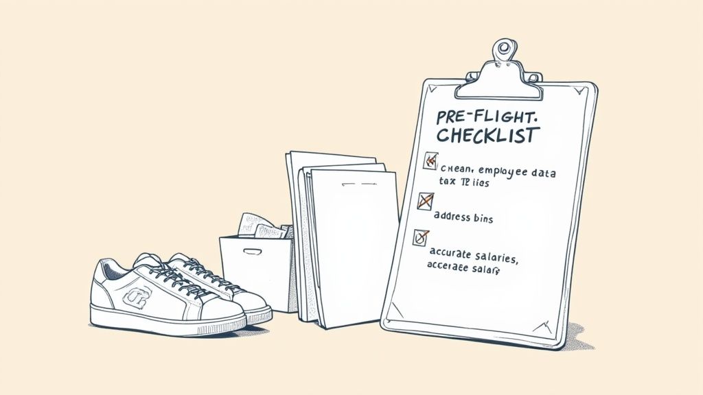 Pre-flight checklist on clipboard showing payroll tasks including employee data and tax requirements