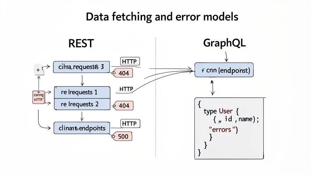 Diagram comparing REST API's multiple requests and HTTP errors with GraphQL's single endpoint and embedded error handling.