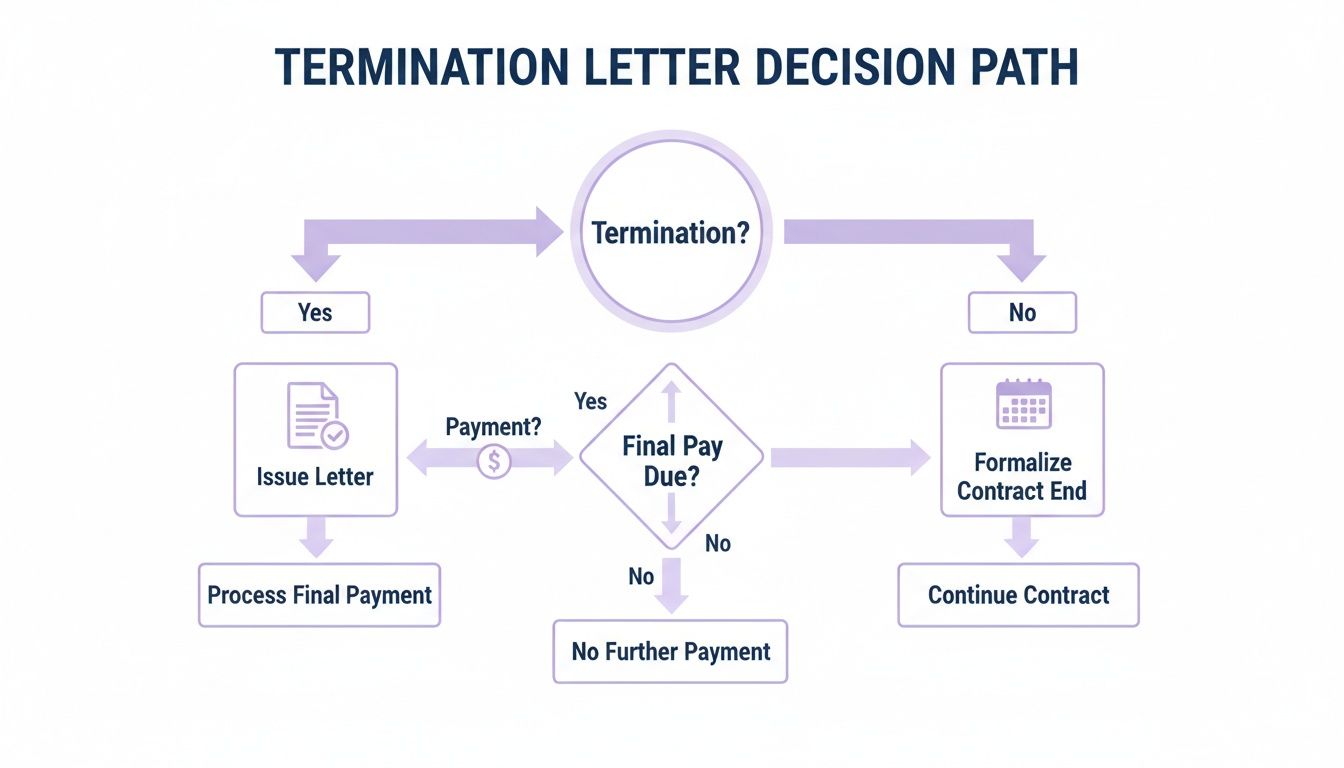 Flowchart detailing a termination letter decision path, including steps for issuing letters, processing payments, and formalizing contract ends.