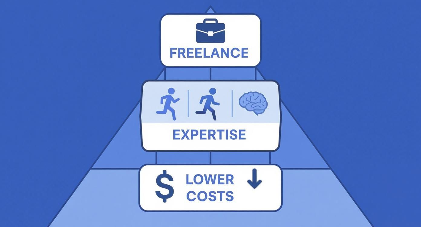 Infographic illustrating freelancing, expertise, and how they lead to lower costs in a pyramid.