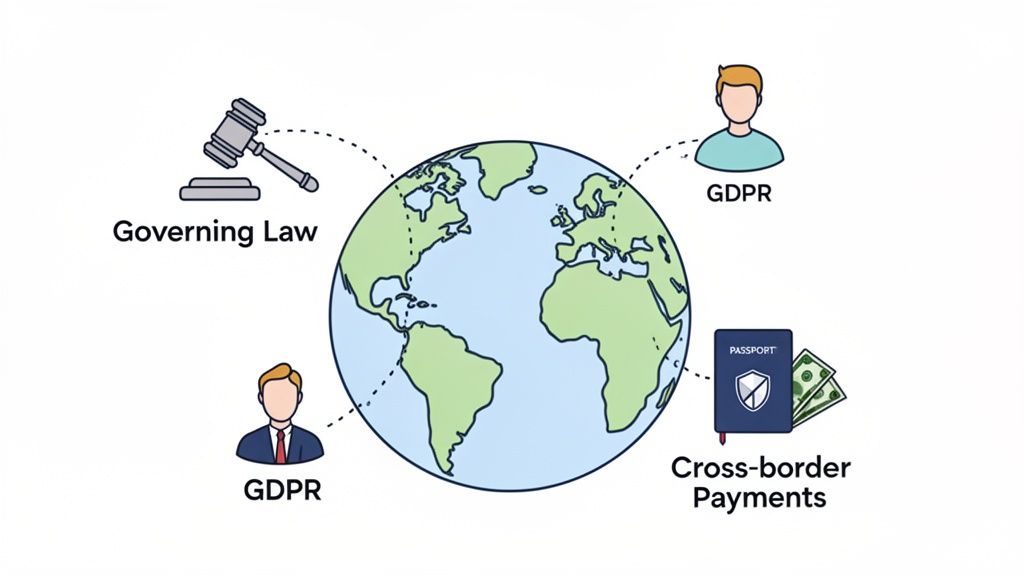 Illustration of a globe surrounded by symbols for governing law, GDPR, and cross-border payments, representing global legal and financial considerations.