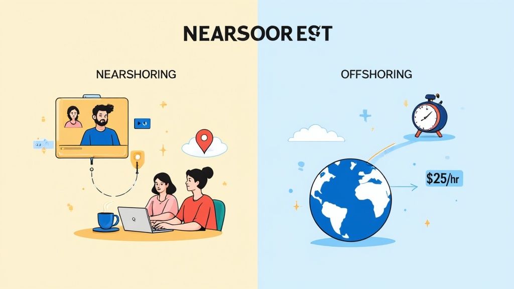 Comparison graphic illustrating nearshoring through local collaboration and offshoring via global, cost-effective solutions.