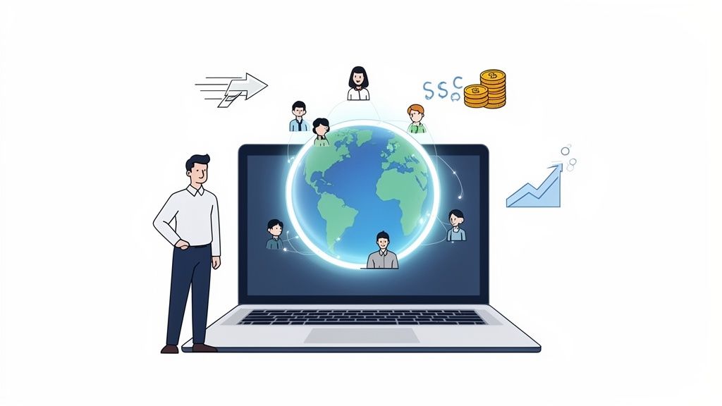 An illustration of a man next to a laptop showing a globe with connected remote workers and business growth symbols.