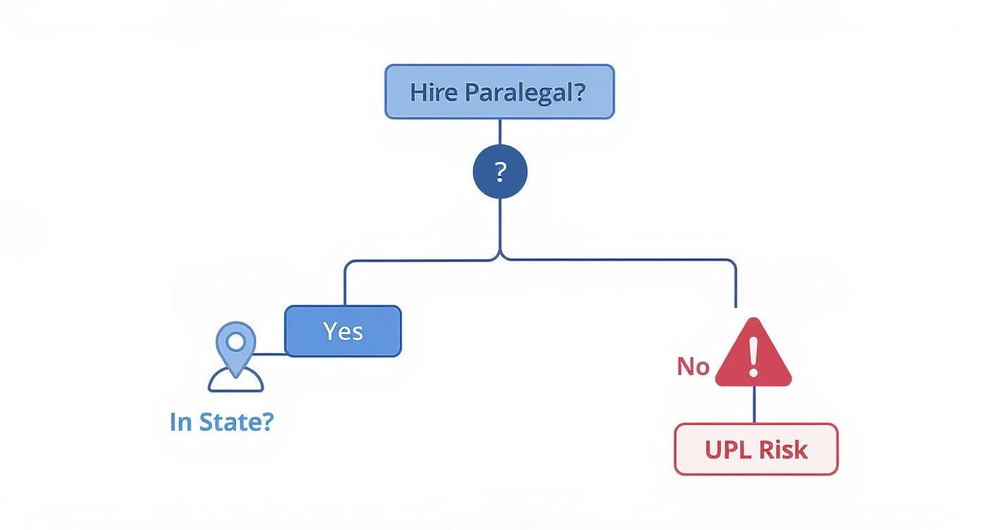 Decision flowchart showing paralegal hiring compliance with in-state versus out-of-state UPL risk assessment