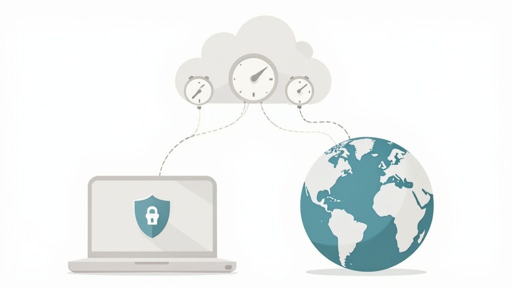 Cloud computing security system with laptop, globe, and performance monitoring gauges illustration