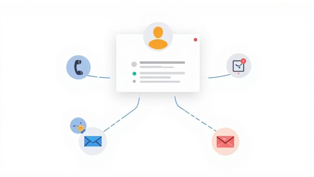 Customer profile overview with lines connecting to phone, email, and task icons, illustrating multi-channel interactions.