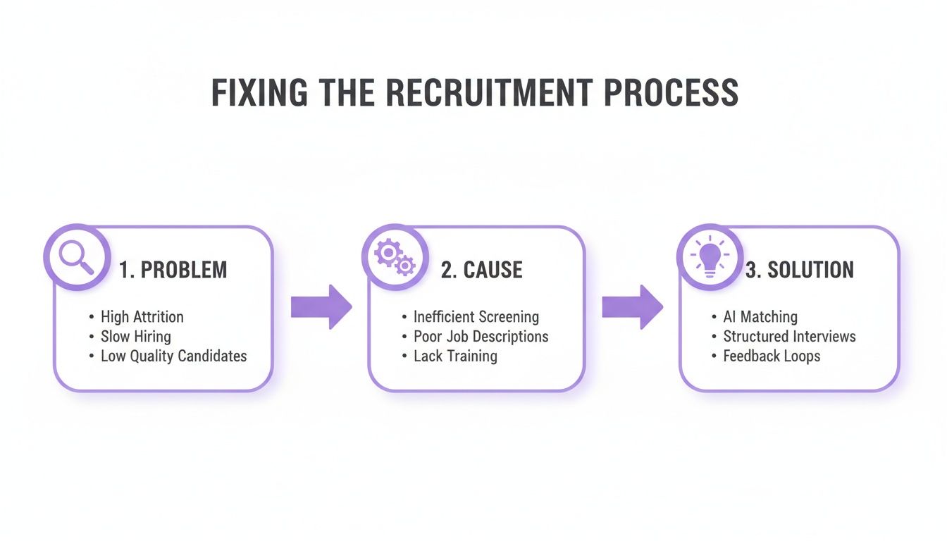 Infographic detailing problems, causes, and solutions for fixing the recruitment process step-by-step.