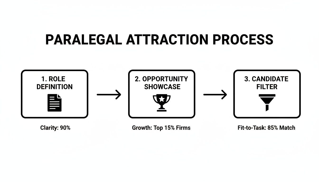 A paralegal attraction process flowchart illustrating steps: role definition, opportunity showcase, and candidate filtering.