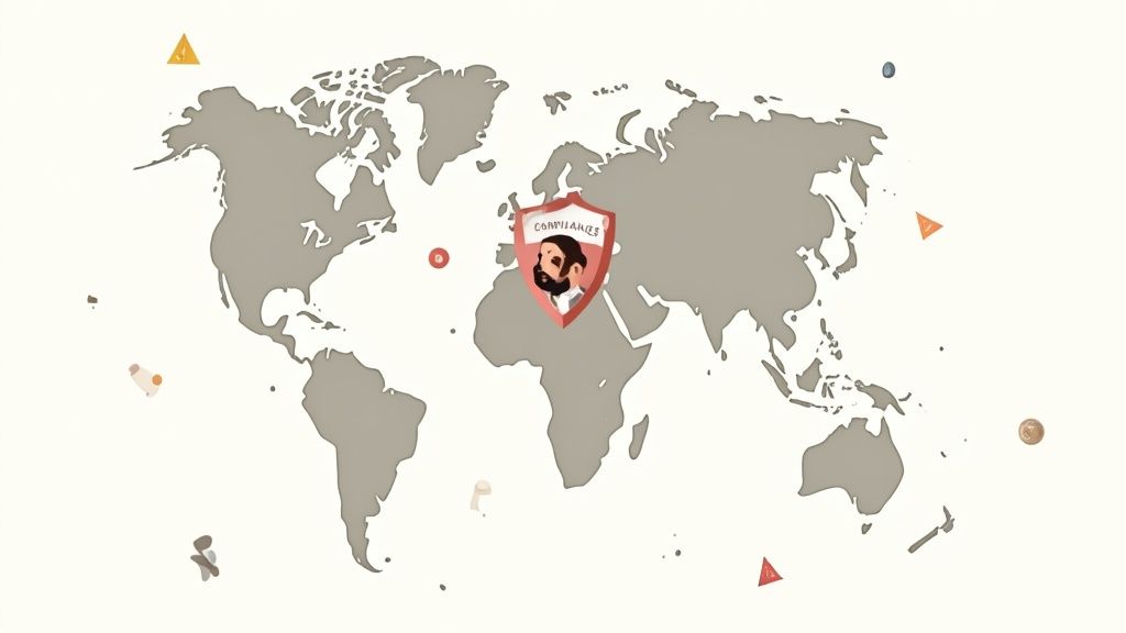 A world map with a red shield icon labeled 'COMPLIANCE' featuring a bearded man, positioned over Europe, symbolizing global compliance.