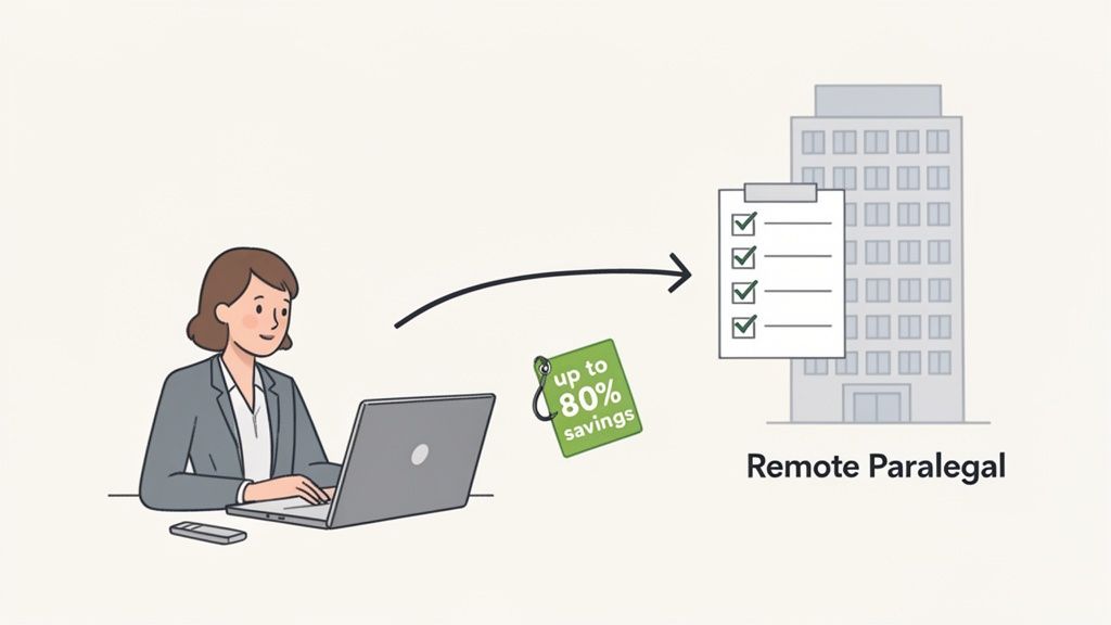 A woman working remotely on a laptop, leading to up to 80% savings for paralegal services.
