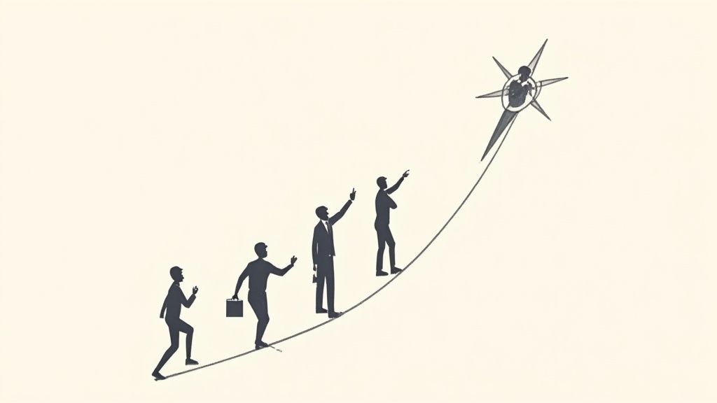 Silhouettes of businessmen progressing along a path towards a distant star-shaped goal, symbolizing career advancement.