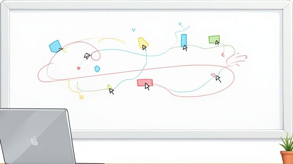 A collaborative online whiteboard being used during an interview, showing charts, diagrams, and sticky notes.