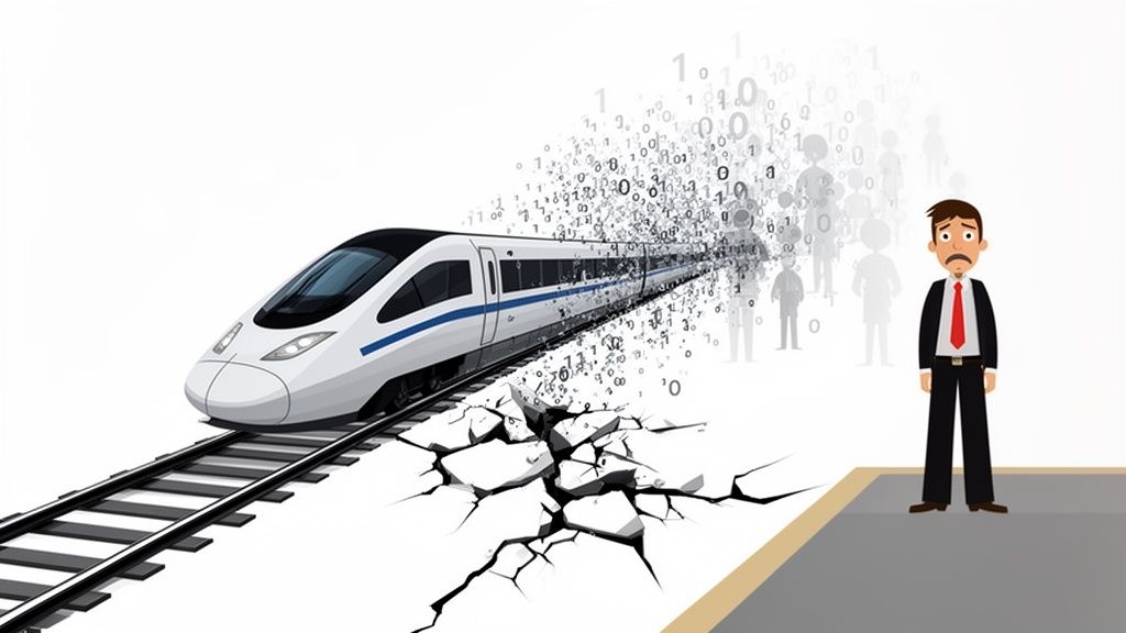 High-speed train dissolves into binary code and human figures, cracking ground, with a worried businessman.