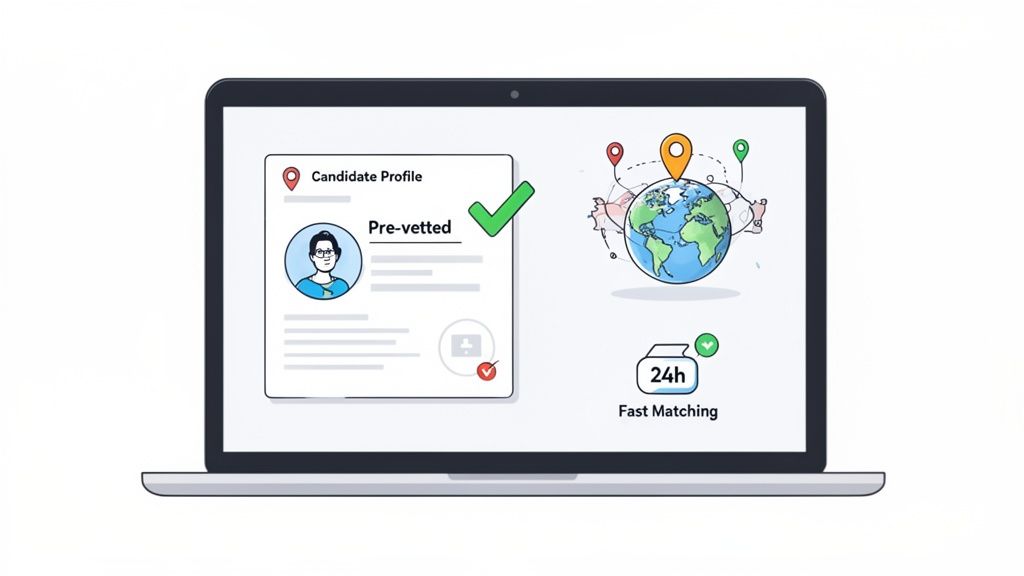 A laptop screen displays a pre-vetted candidate profile, global matching, and fast 24-hour recruitment services.