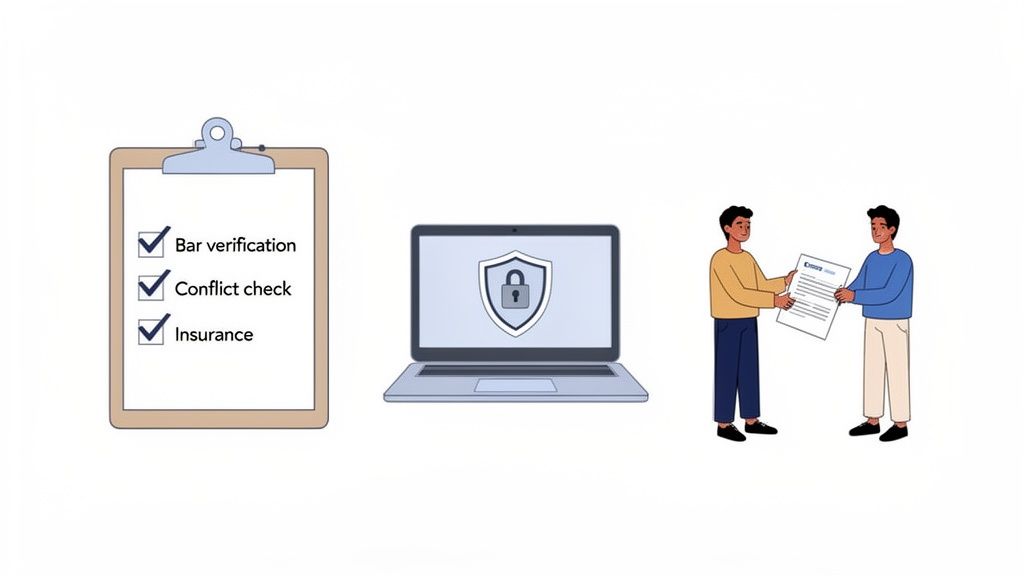 Illustration of legal compliance checklist, secure laptop services, and a contract exchange between two individuals.
