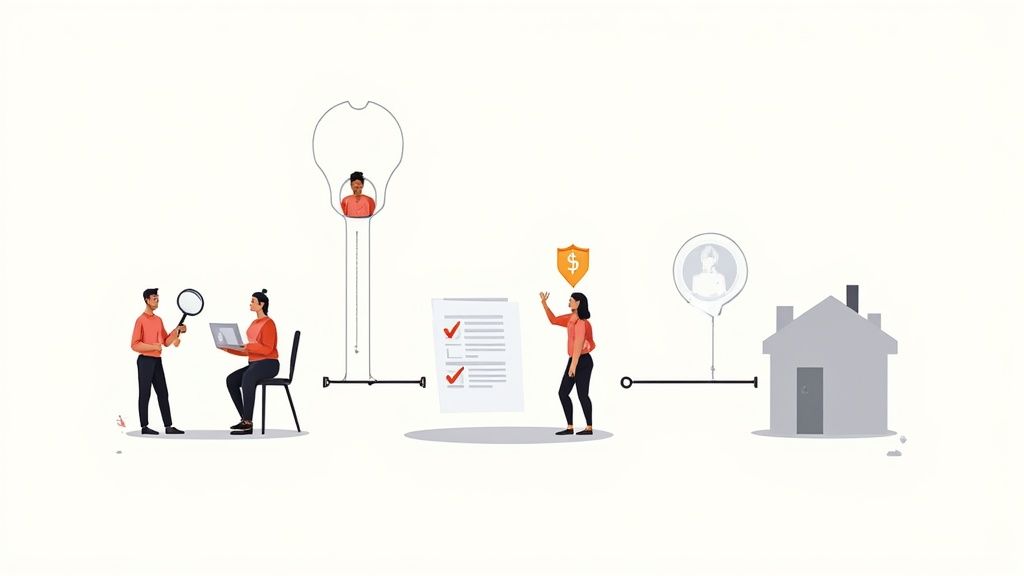 A team of professionals collaborating around a table with laptops and documents.