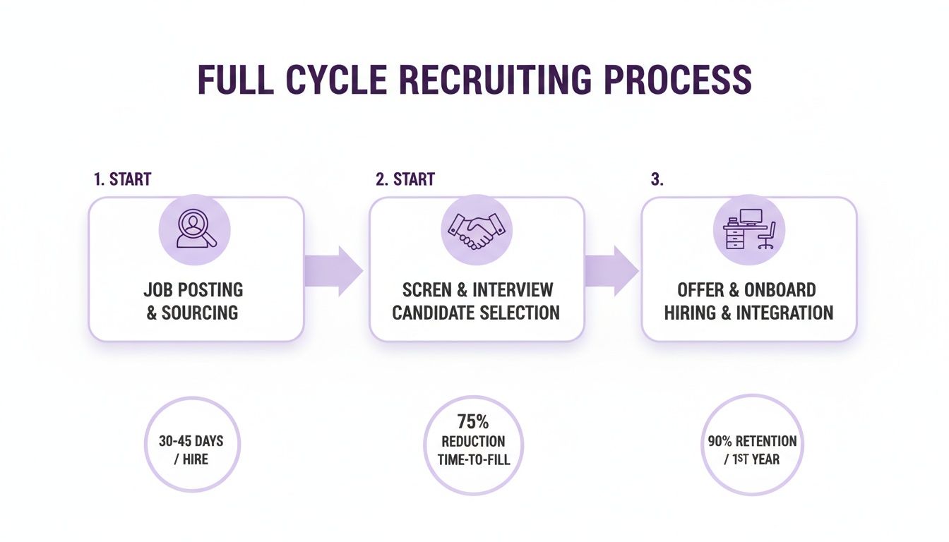 Full-cycle recruiting process diagram showing job posting, screening, offer, and associated hiring metrics.