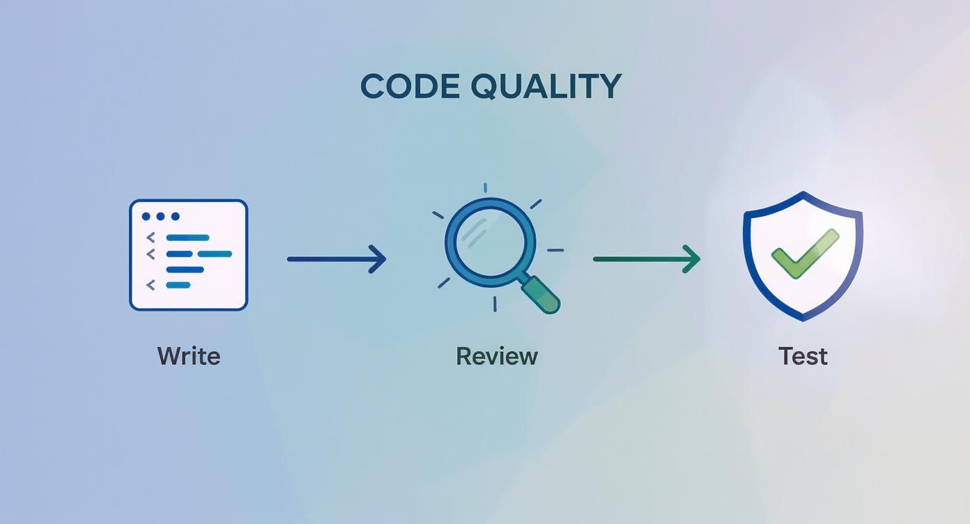 A diagram illustrating the code quality process: write code, review, and test.