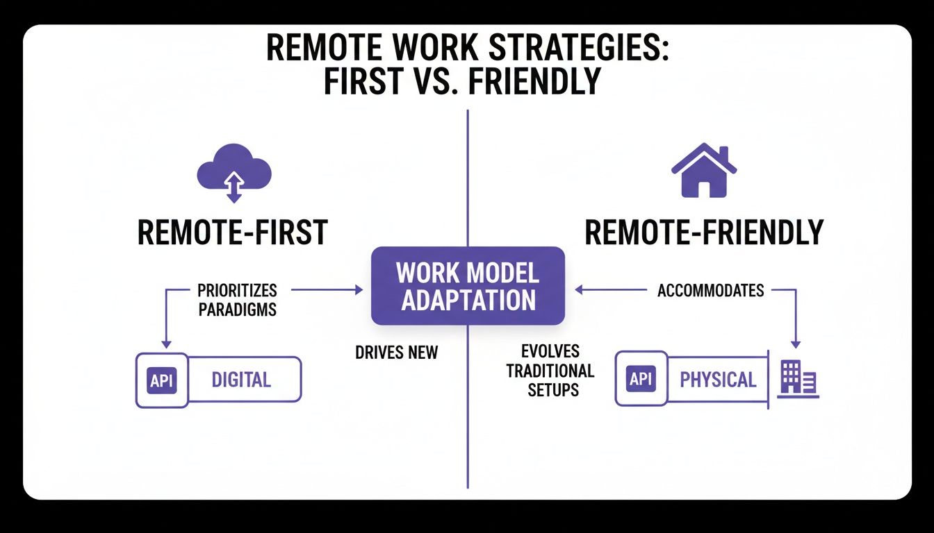 A diagram compares remote-first and remote-friendly work models, showing their adaptation and digital versus physical paradigms.