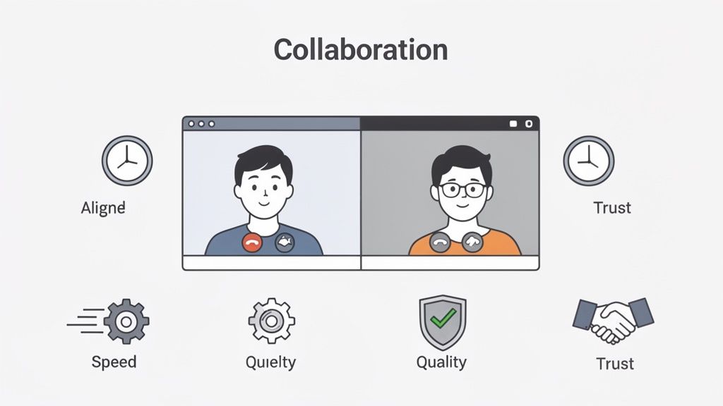 Illustration of a video call between two people, surrounded by icons and text depicting collaboration benefits like speed, quality, and trust.