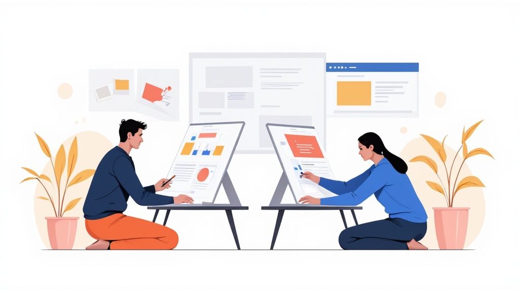 A web designer and web developer collaborating on a project, showing the design and code aspects.