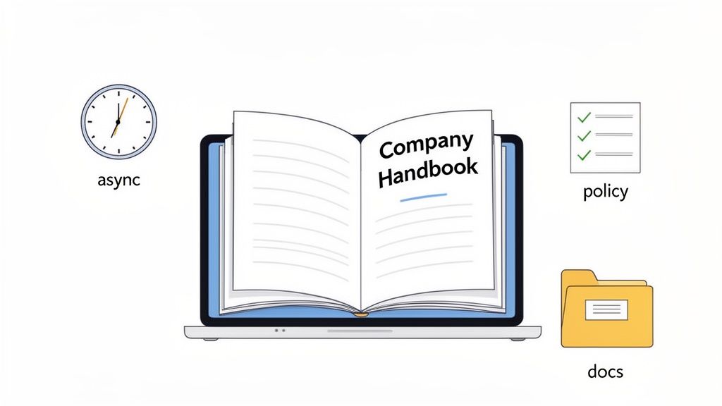 Digital company handbook on a laptop, surrounded by icons for async, policy, and documents.