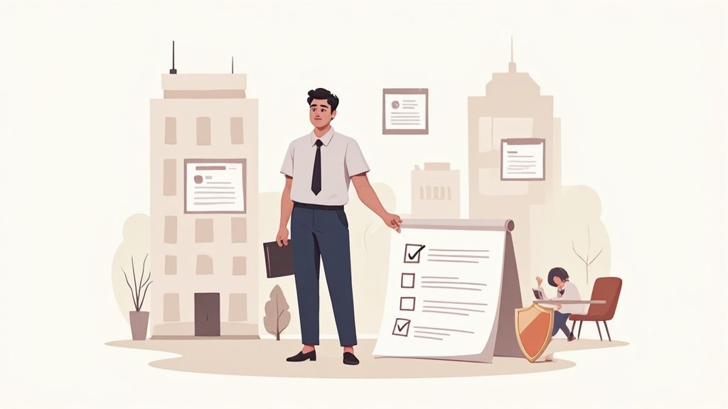 Professional man holding briefcase next to large checklist with buildings representing legal career opportunities