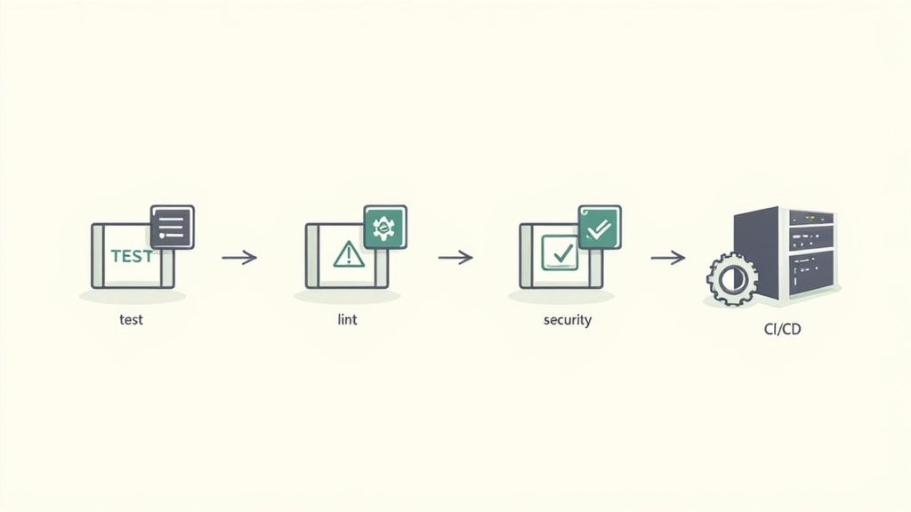 Diagram illustrating a sequential software development pipeline with test, lint, security, and CI/CD stages.