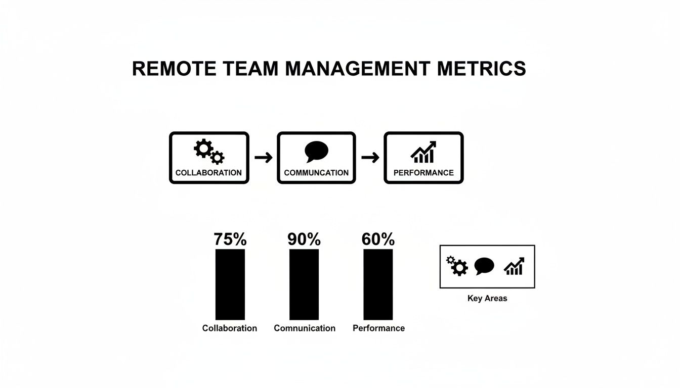 Diagram illustrating remote team management metrics for collaboration, communication, and performance with percentage results.