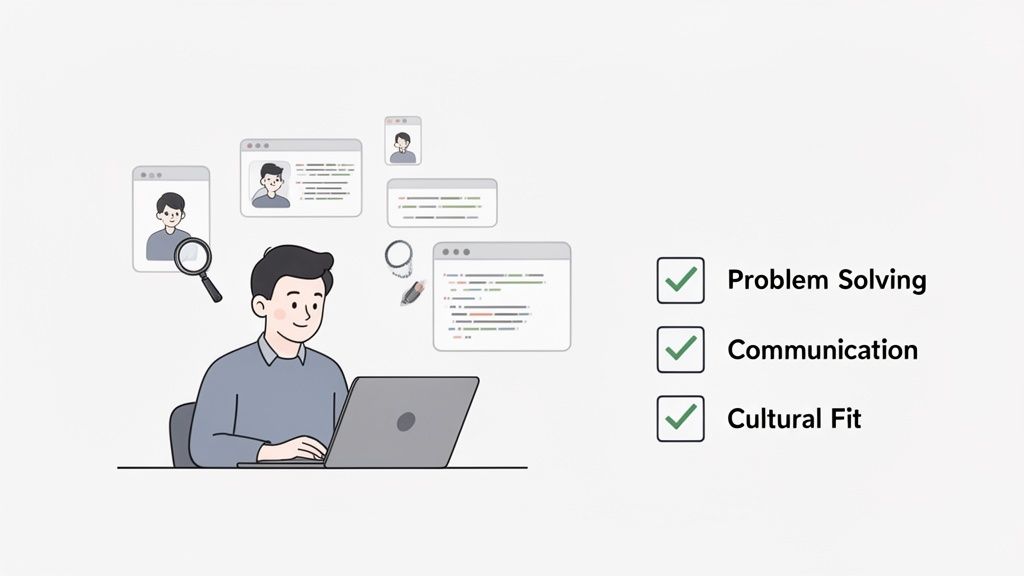 Illustration of a man working on a laptop, reviewing candidate profiles and code, with a checklist of essential skills like problem solving, communication, and cultural fit.