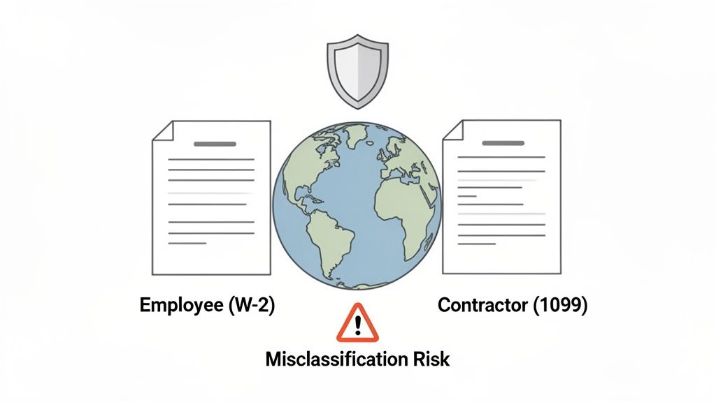 An illustration comparing W-2 employees and 1099 contractors, highlighting global misclassification risk.
