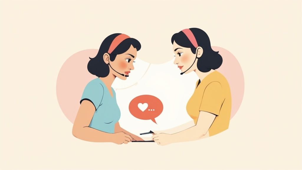 Two women with headsets engage in a positive customer service interaction using a tablet.