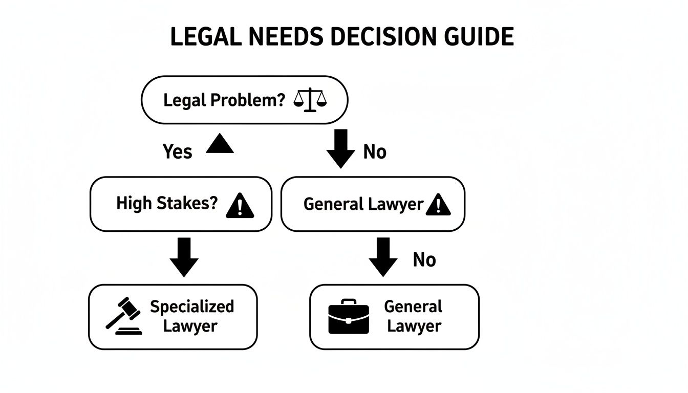 Flowchart guiding legal problem decisions, recommending specialized or general lawyers based on stakes.