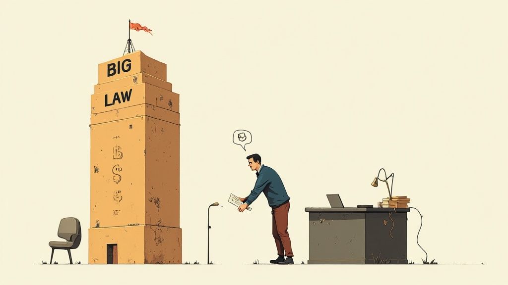 Businessman choosing between traditional big law firm tower and modern flexible desk workspace