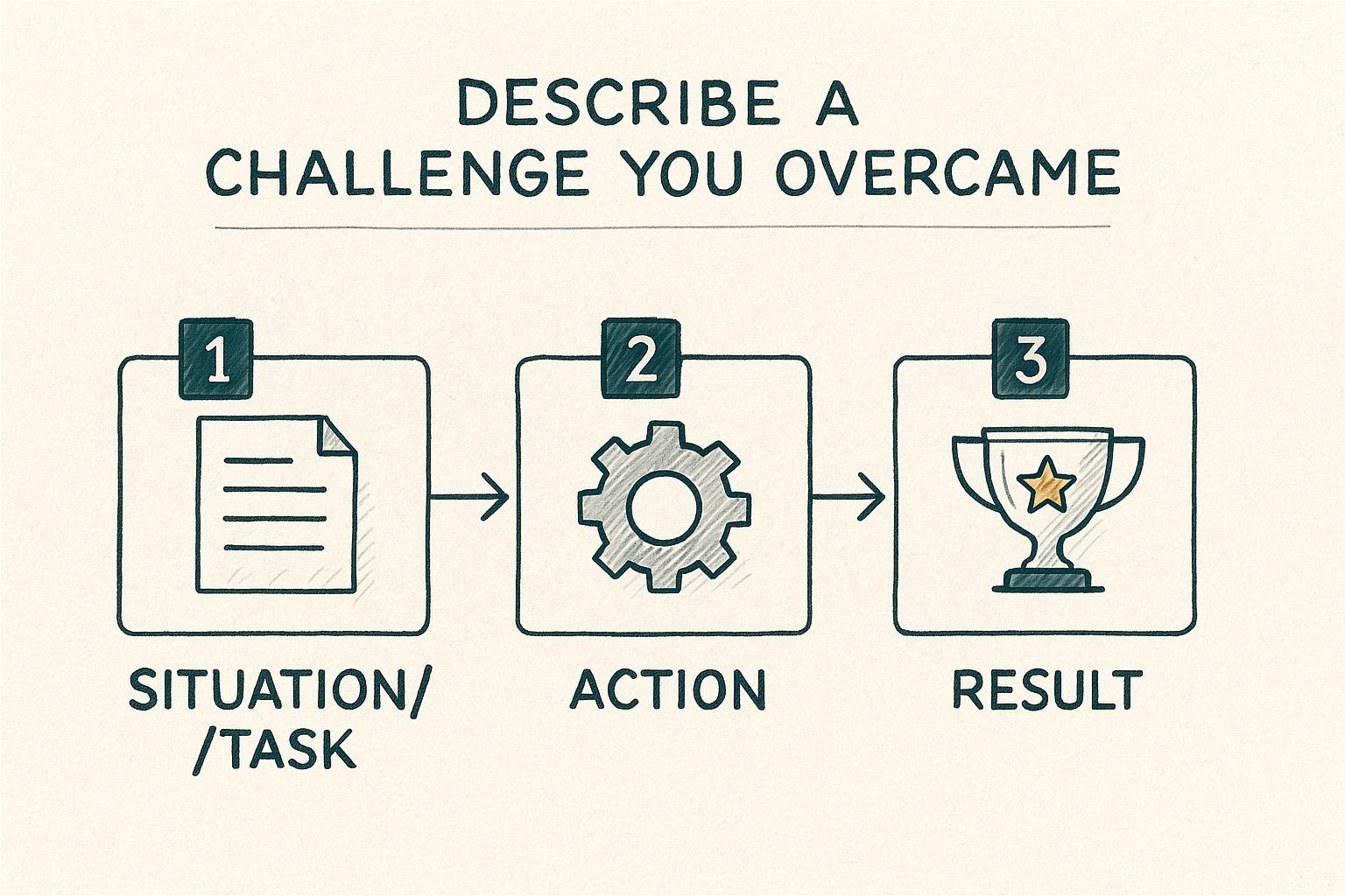 Infographic showing the STAR framework for answering behavioral interview questions, with three steps: Situation/Task, Action, and Result, each with an icon.